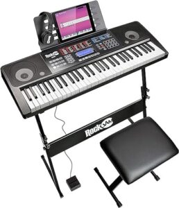 RockJam 61 Key Touch Display Keyboard Piano Kit with Digital Piano Bench, Electric Piano Stand, Headphones Piano Note Stickers, Sustain Pedal & Simply Piano Lessons